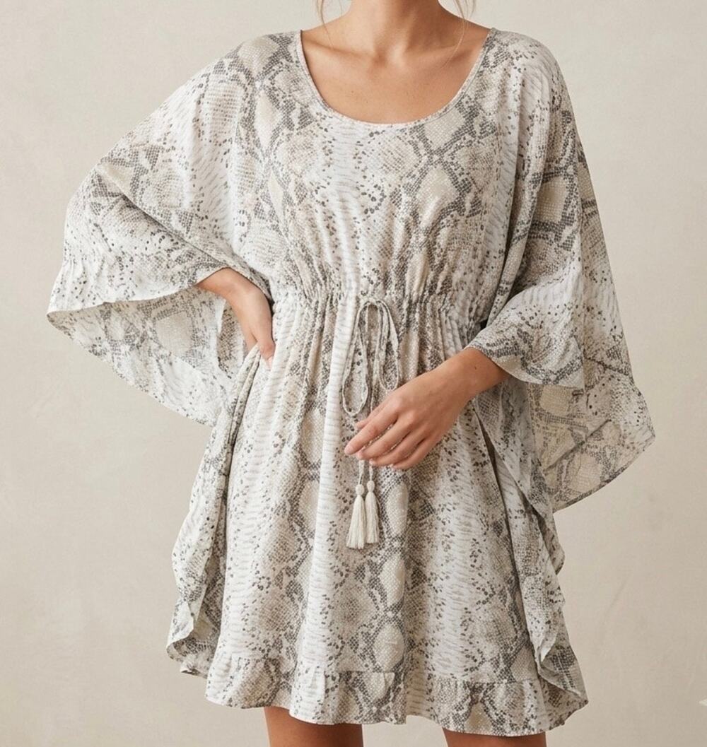 LANI‎ LAU Honolulu Hawaii Snake Print Ruffle Butterfly Kaftan Dress O/S